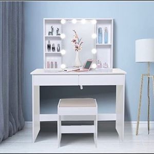 Large Vanity Set:1 Slide Mirror & 5 Shelves,2 Drawers,1 Cushioned Stool WHITE